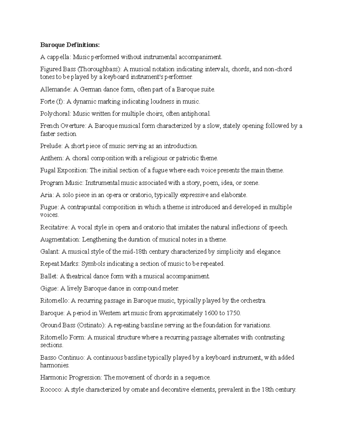 Music Theory Cheat Sheet Baroque Definitions A cappella Music
