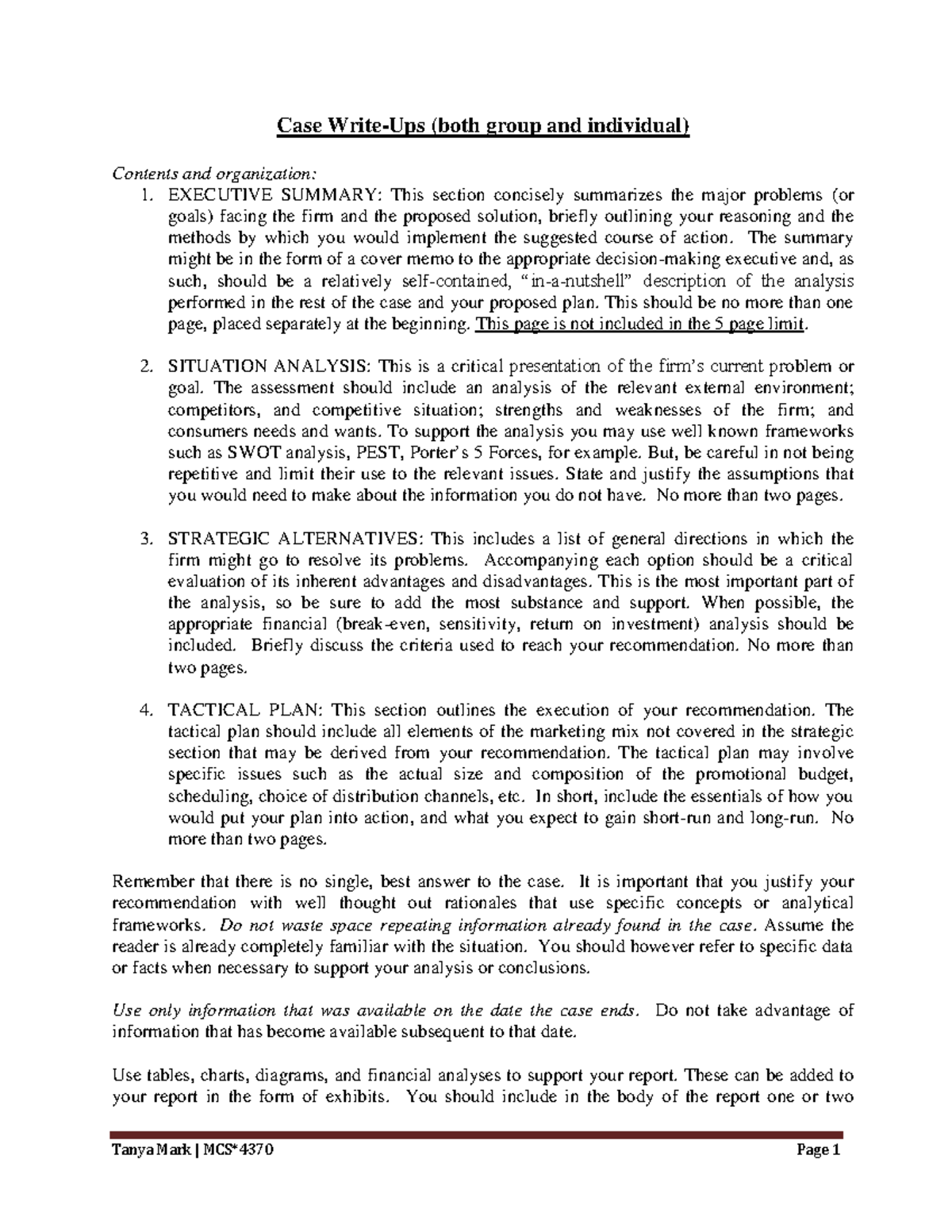 Case Report Instructions - Tanya Mark | MCS*4370 Page 1 Case Write-Ups ...