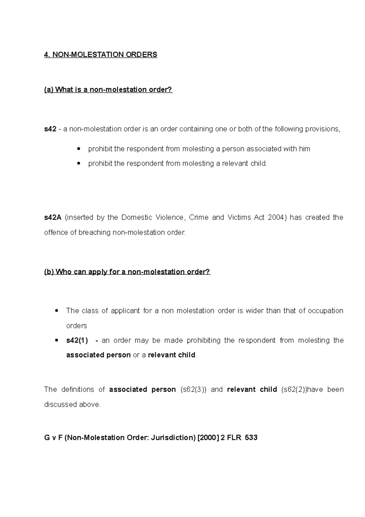 Non Molestation Order Notes 4 NON MOLESTATION ORDERS a What Is A 