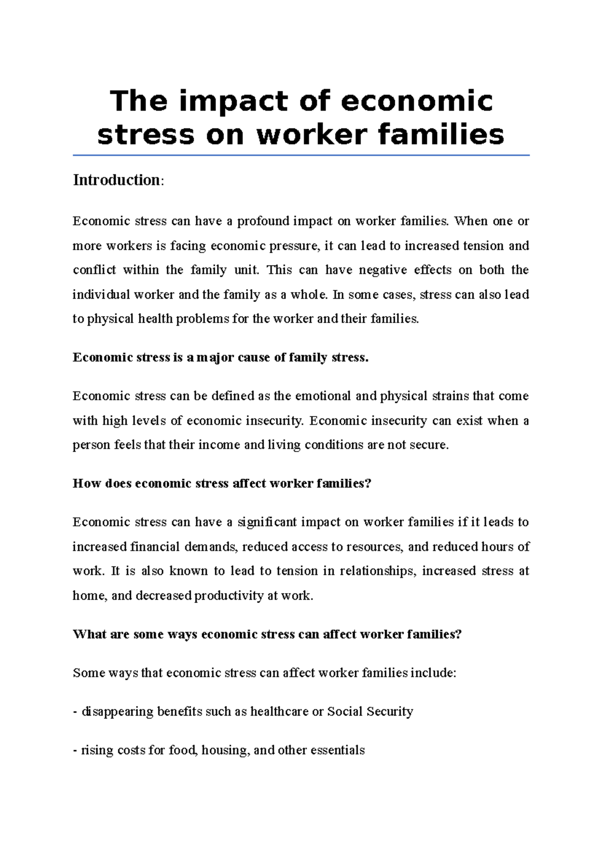 The impact of economic stress on worker families - The impact of ...