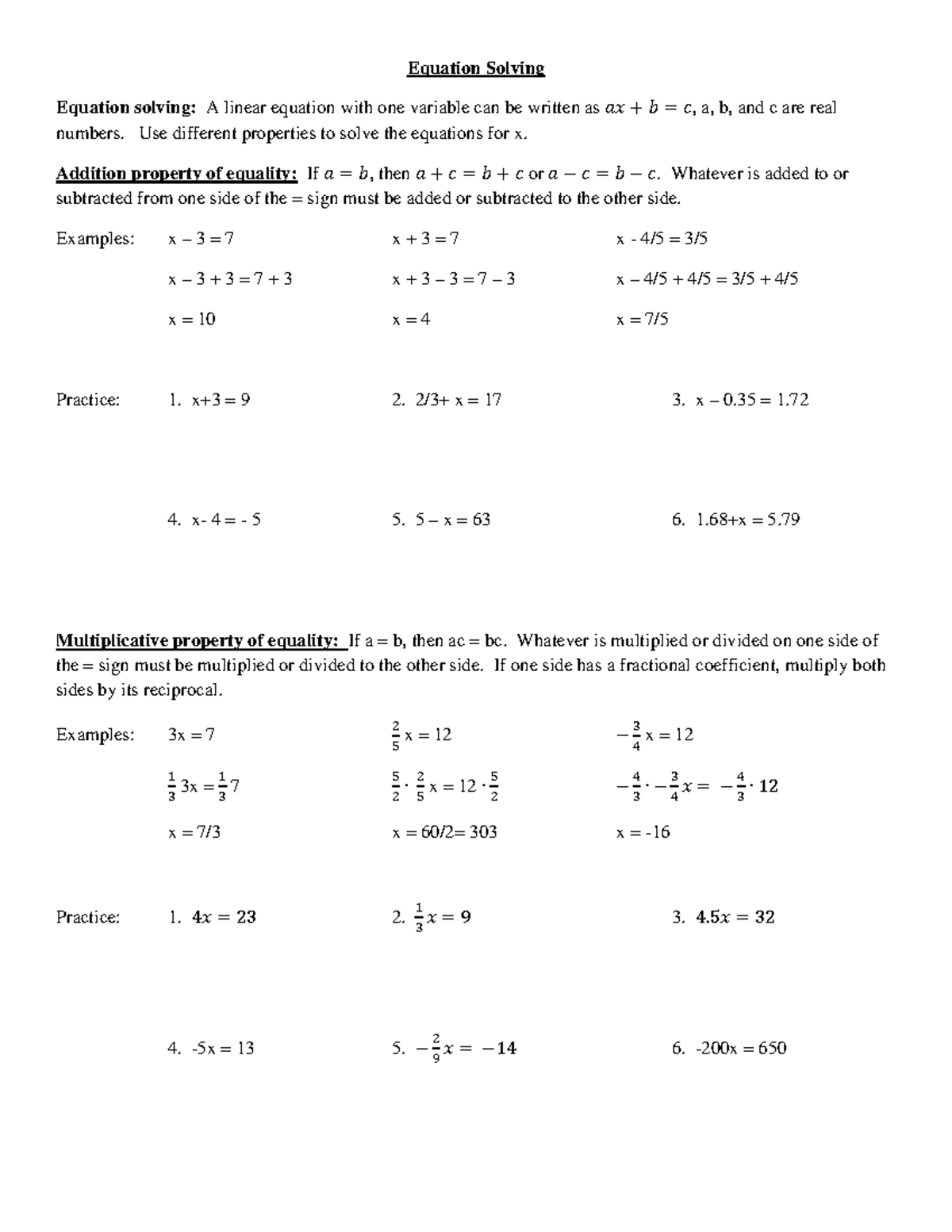 Equations and Graphing worksheet for MTH 126 - Equation Solving ...