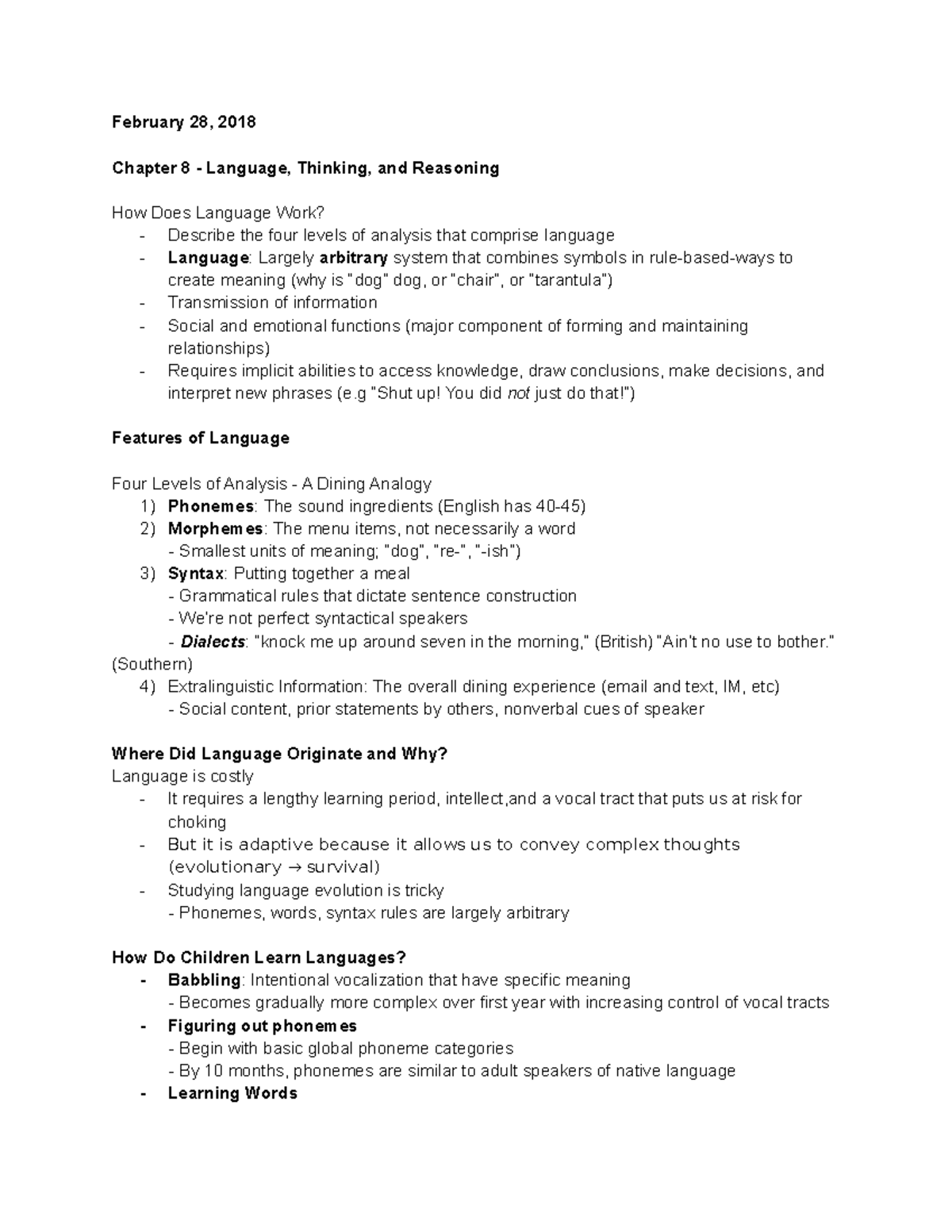 Psychology - Chapter 8 - February 28, 2018 Chapter 8 - Language ...