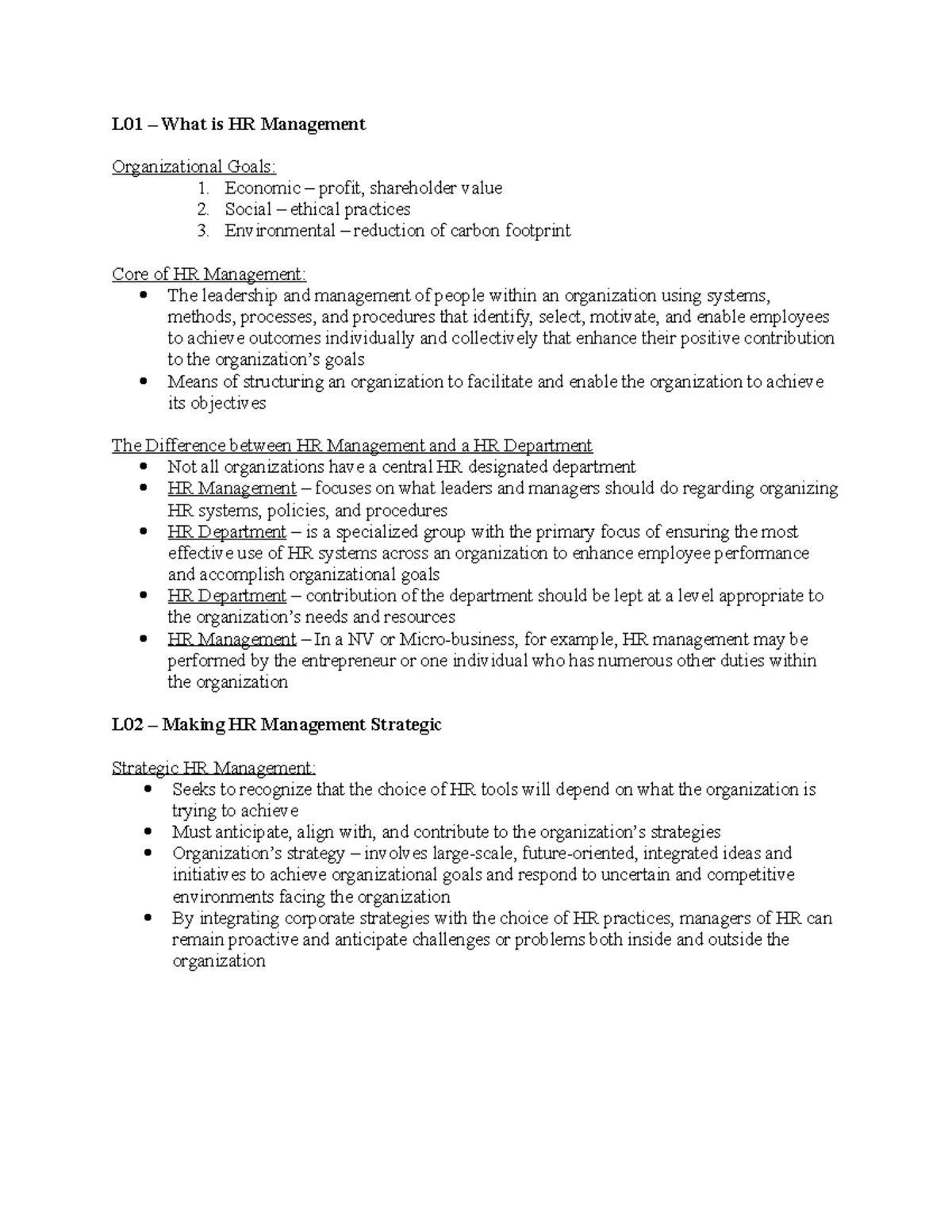 BU354 Chapter 1 Notes - L01 – What Is HR Management Organizational ...