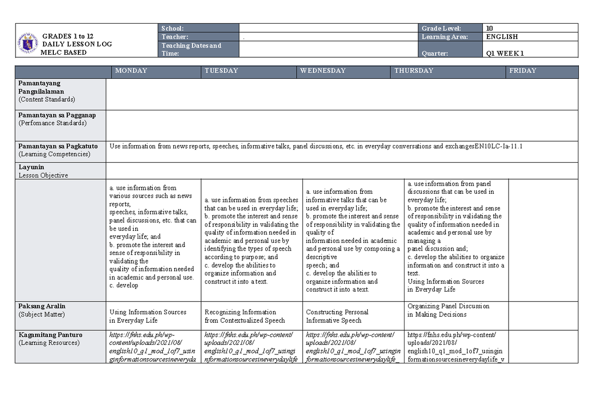 MELC DLL ENG 10 WEEK 1 Q1 DONE - GRADES 1 to 12 DAILY LESSON LOG MELC ...