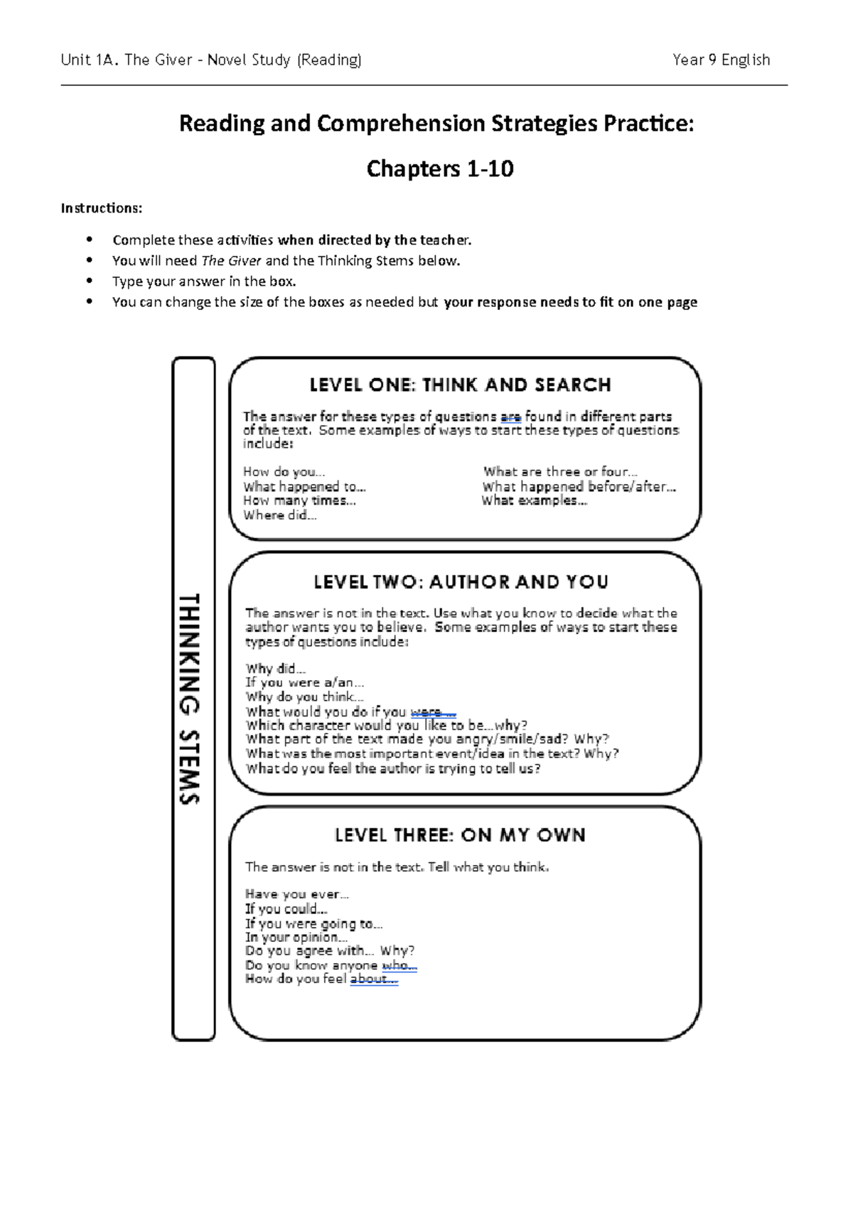 Unit 1A. Reading and Comprehension Strategies Practice Chapters 1-10 ...