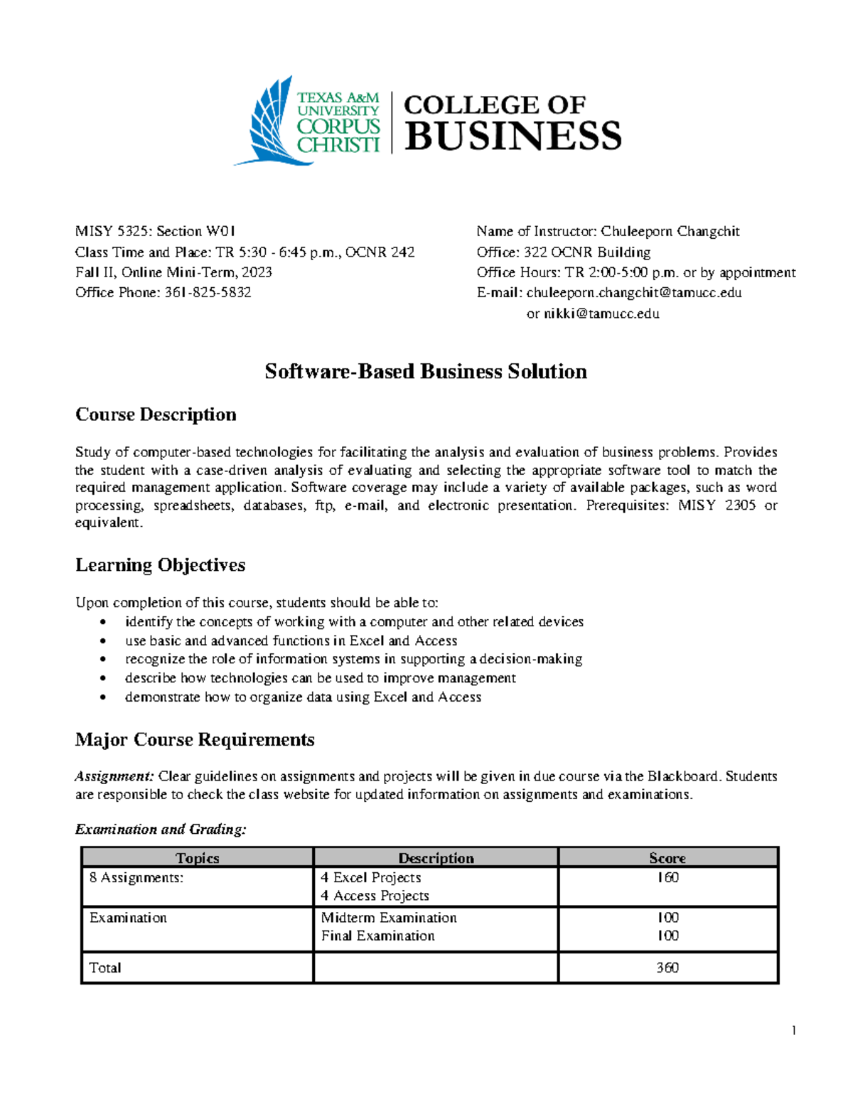 Syllabus - MISY 5325 : Section W 01 Name Of Instructor: Chuleeporn ...