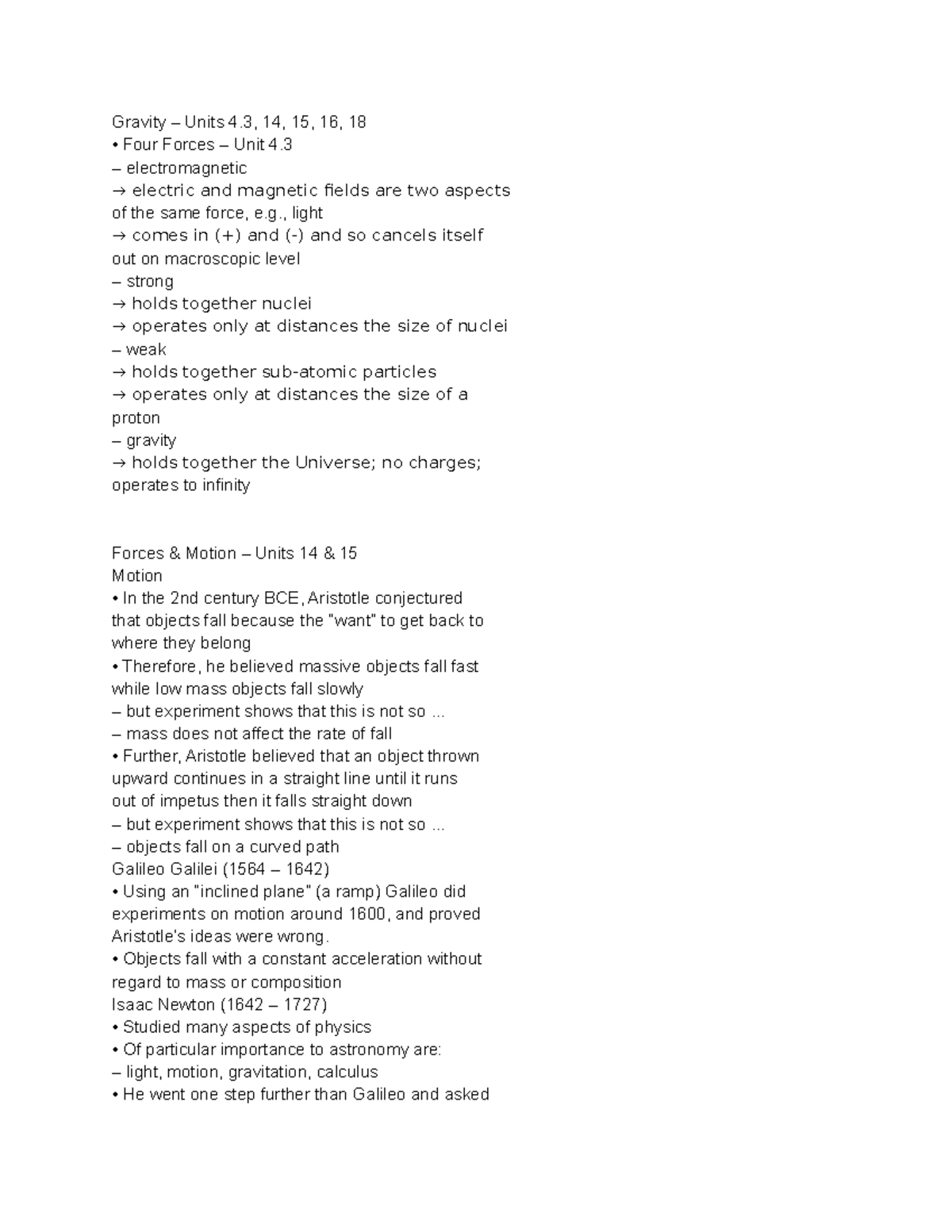 Astronomy Exam - Gravity – Units 4, 14, 15, 16, 18 Four Forces – Unit 4 ...