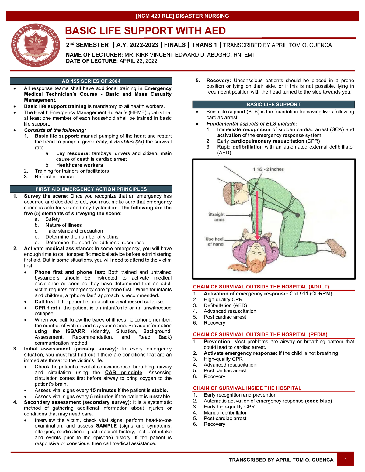 [NCM 420] Finals RLE Trans - [NCM 420 RLE] DISASTER NURSING NAME OF ...