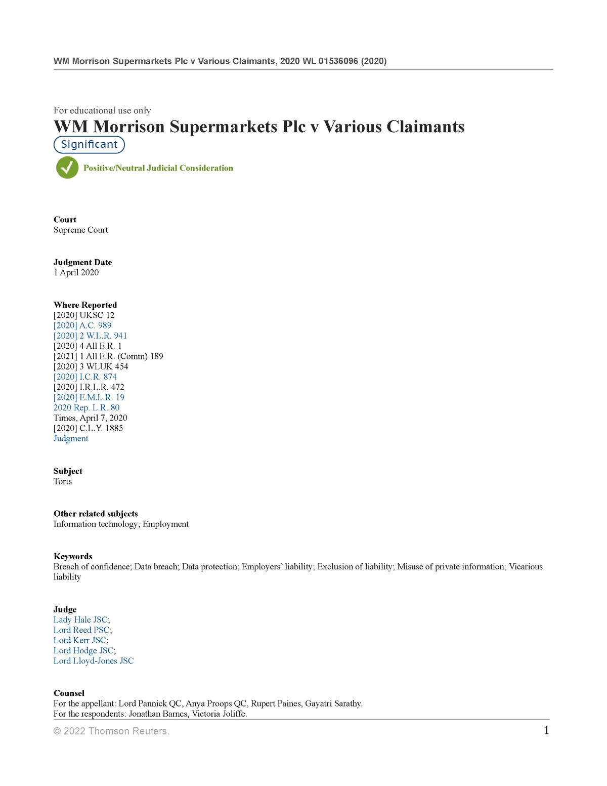 WM Morrison Supermarkets Plc v Various Claimants 989 [2020] 2 W.L