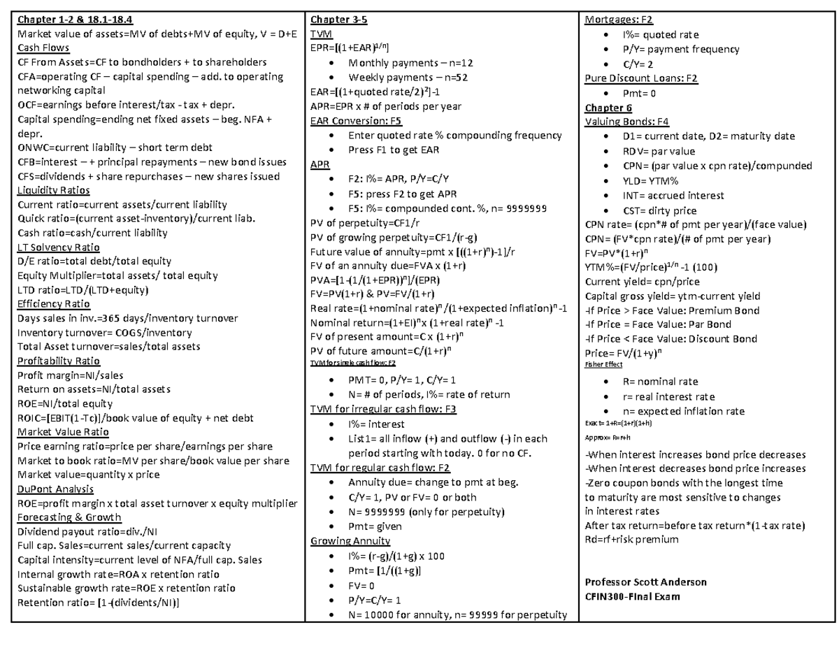 FIN300 Crib Sheet - Chapter 1-2 & 18.1-18 Market value of assets=MV of ...