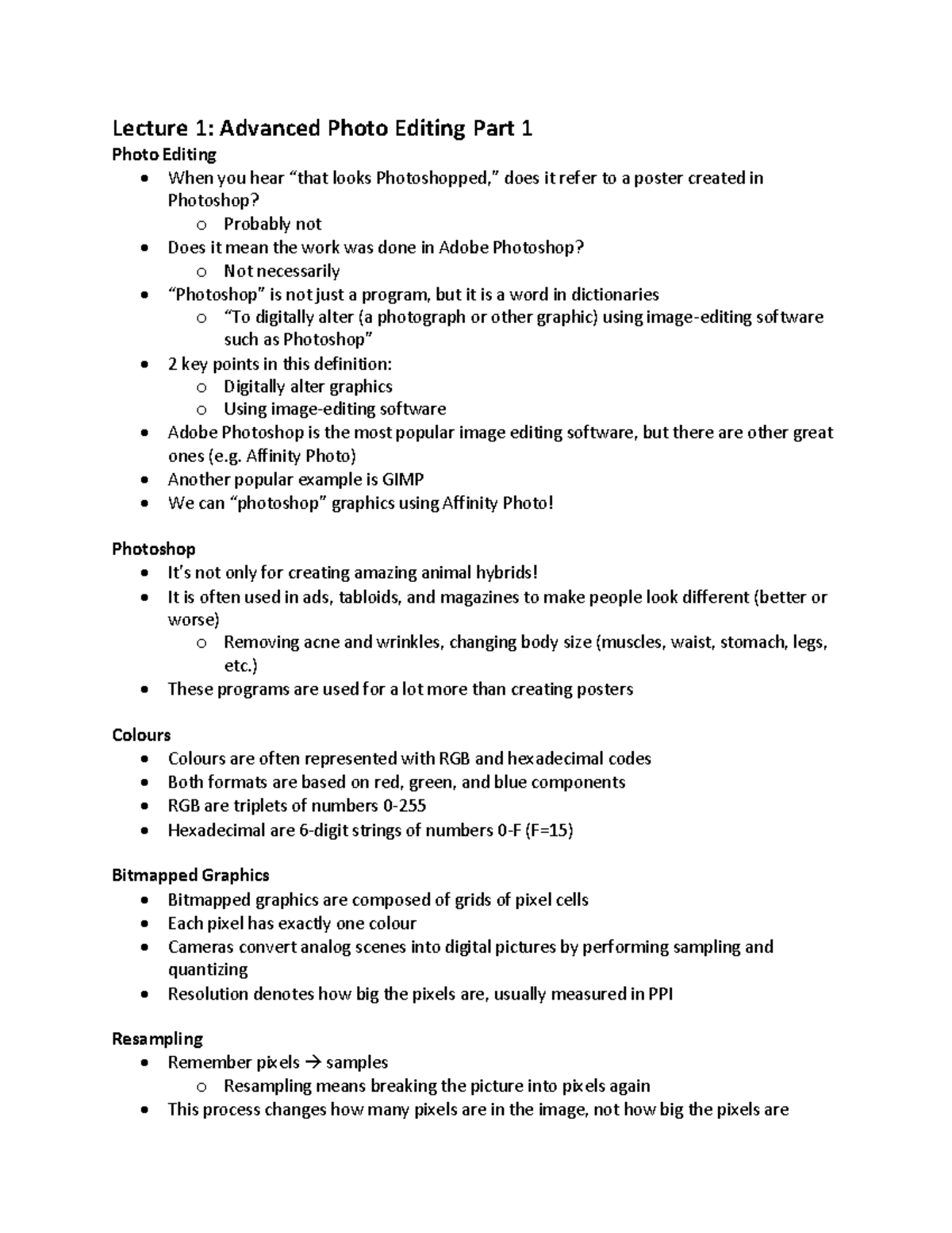 CS2033 Notes - Lecture 1: Advanced Photo Editing Part 1 Photo Editing ...