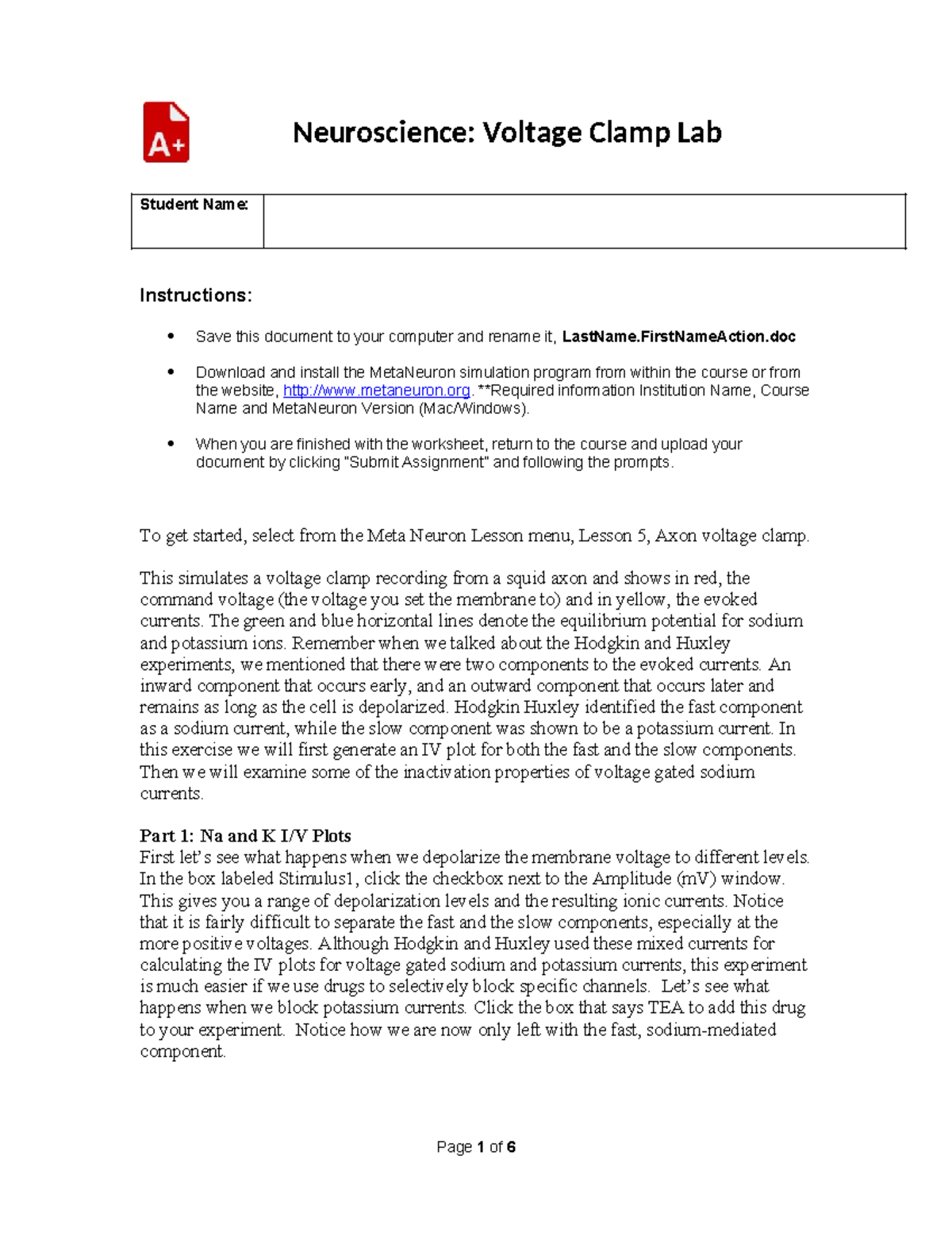 Neurosci Action VClamp Lab - Neuroscience: Voltage Clamp Lab Student ...