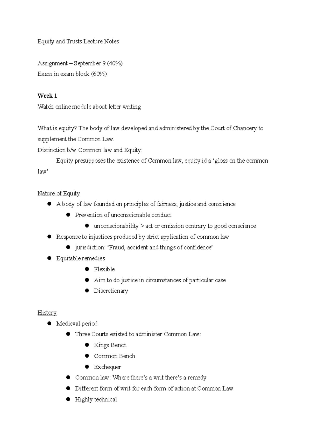 Equity and trusts notes - Equity and Trusts Lecture Notes Assignment ...