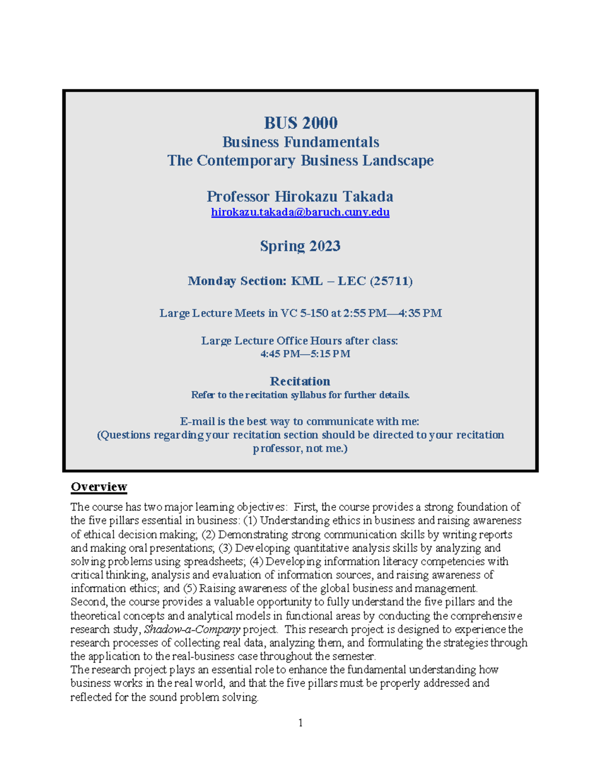 BUS 2000 Syllabus - BUS 2000 Spring Semester - BUS 2000 Business ...