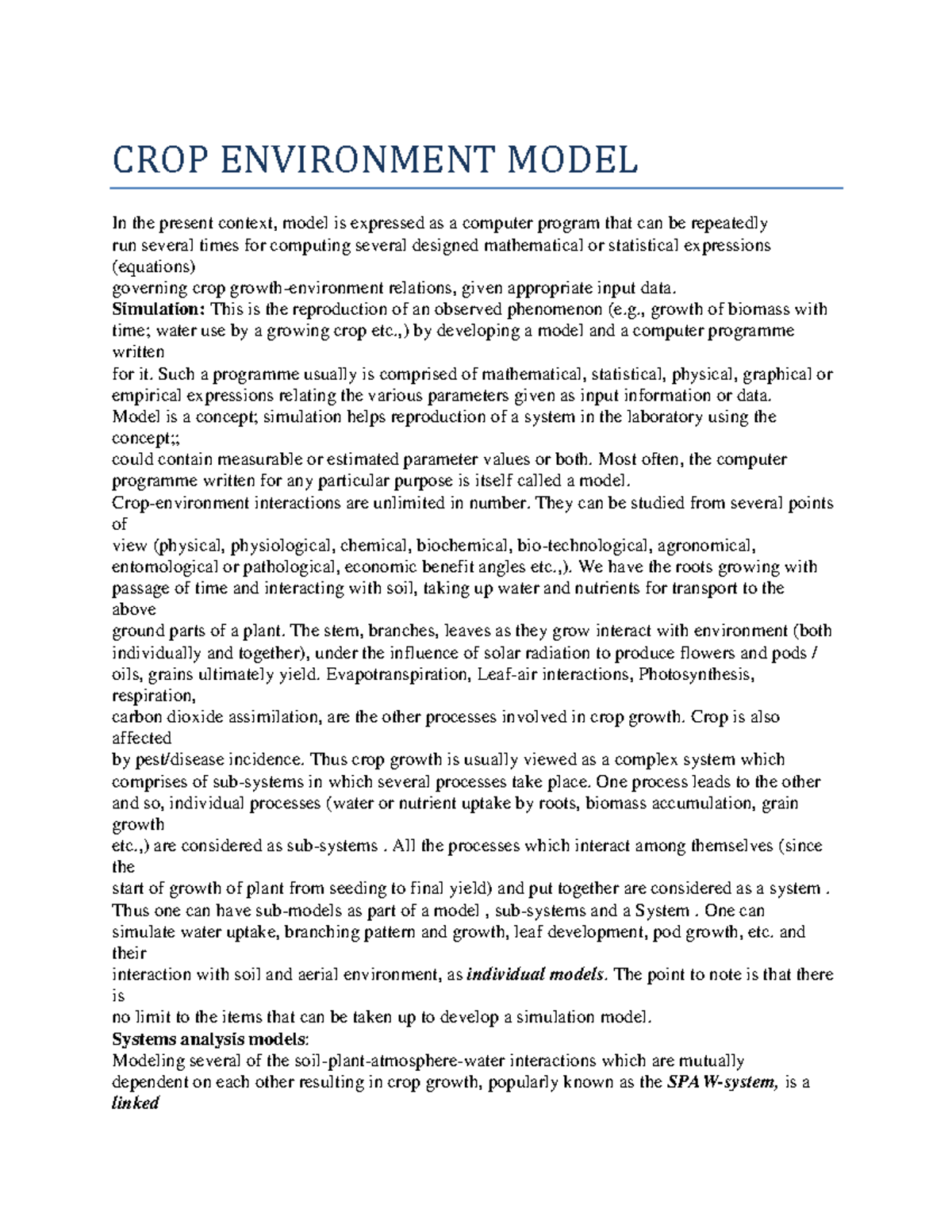 CROP Environment Model - CROP ENVIRONMENT MODEL In the present context ...