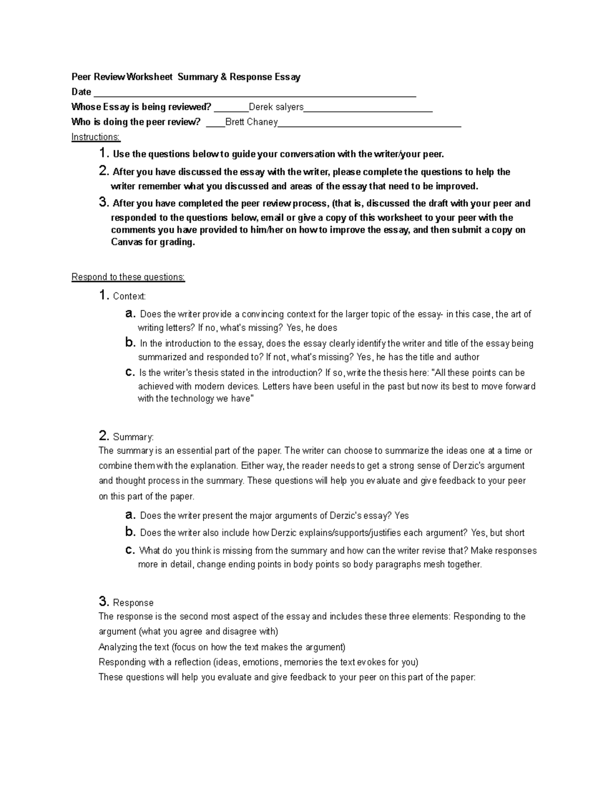 Peer review - Use the questions below to guide your conversation with ...