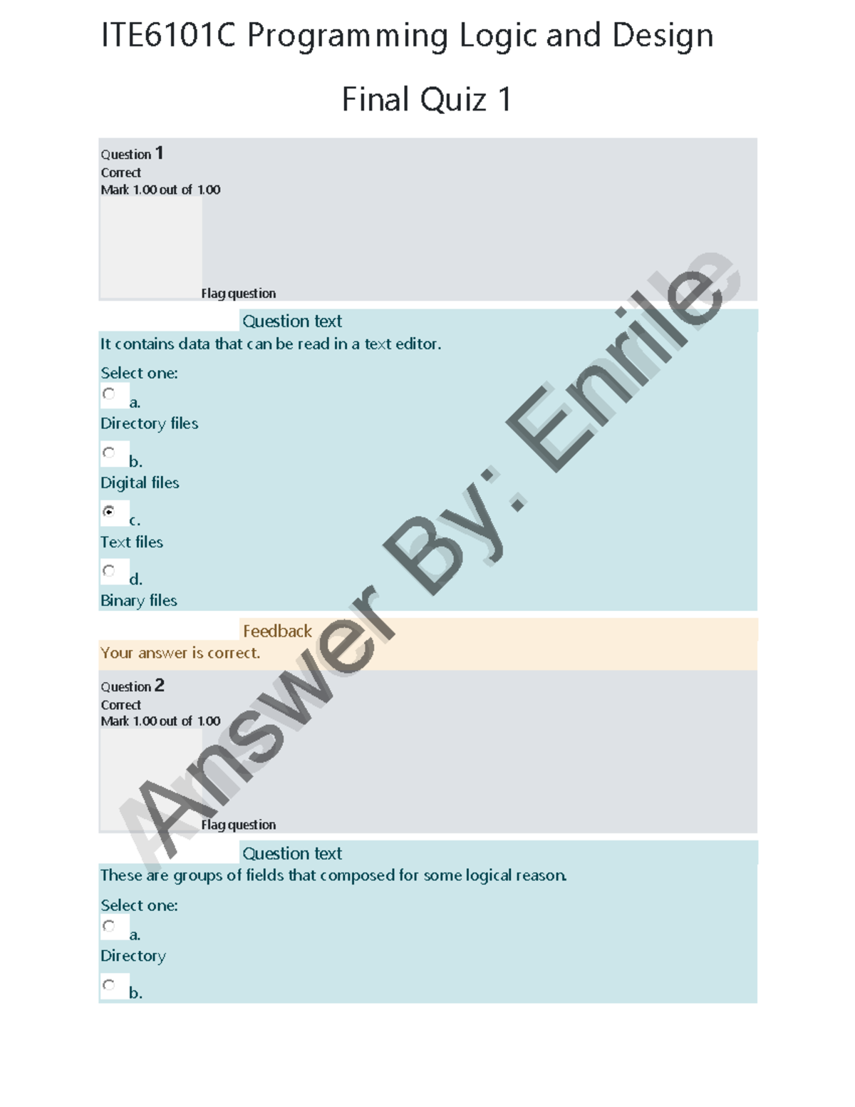 (Final Quiz 1, 2 ) Programming Logic And Design - ITE6101C Programming ...