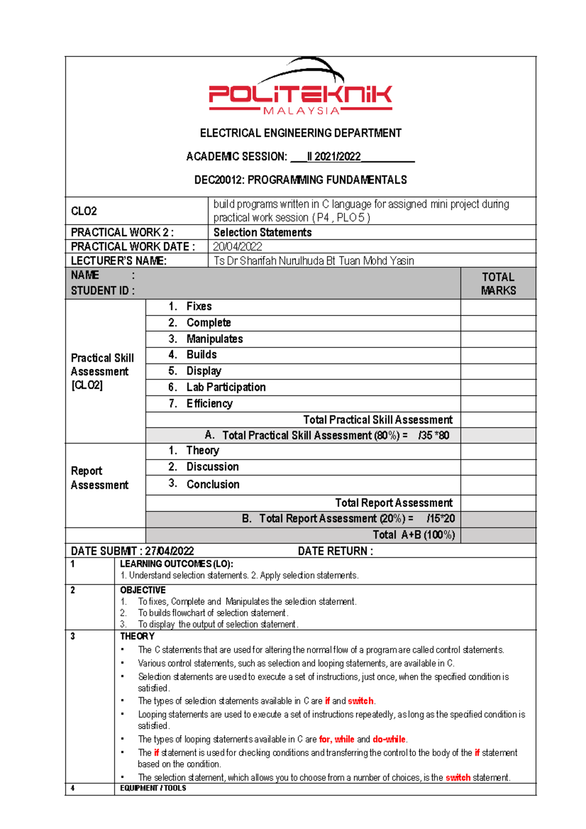 Selection Statements - ELECTRICAL ENGINEERING DEPARTMENT ACADEMIC ...