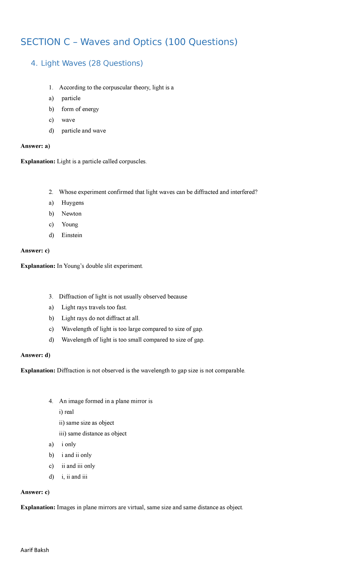 Physics C5 Practice questions and answers on Waves and Optics