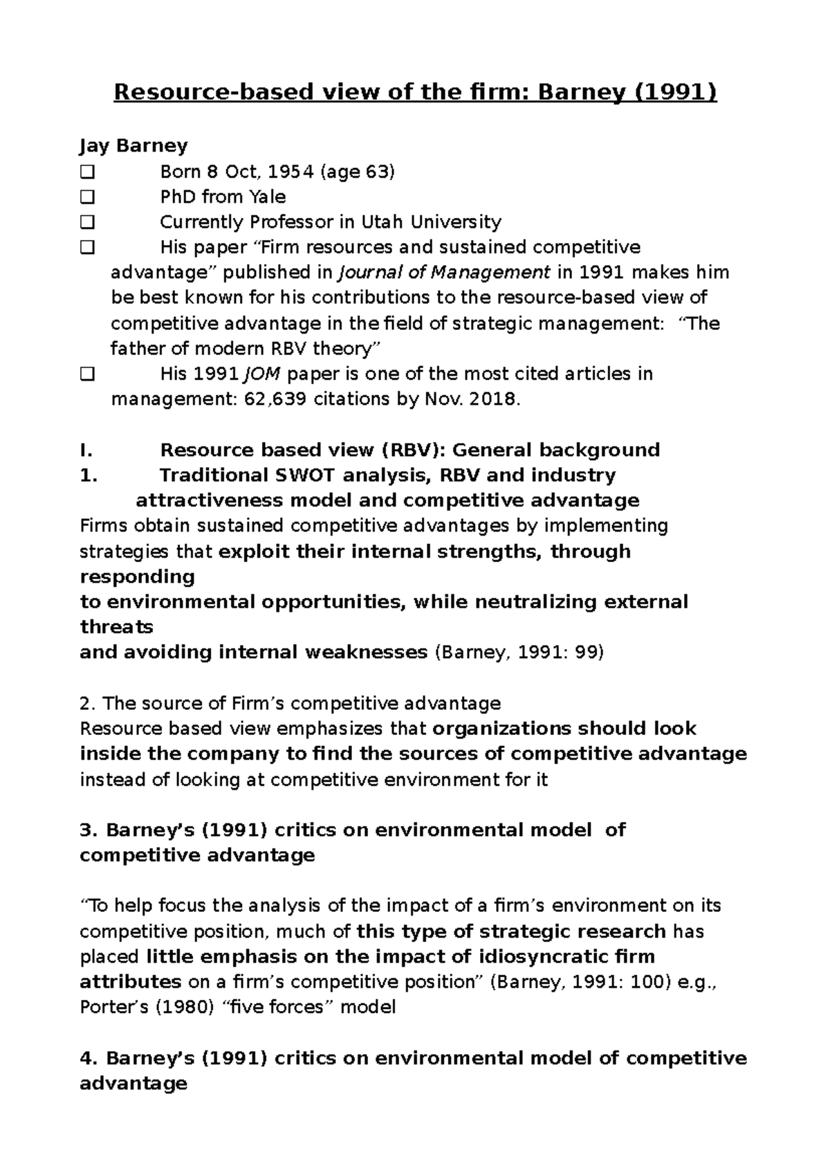 Resource Based View Of The Firm By Jay Barney