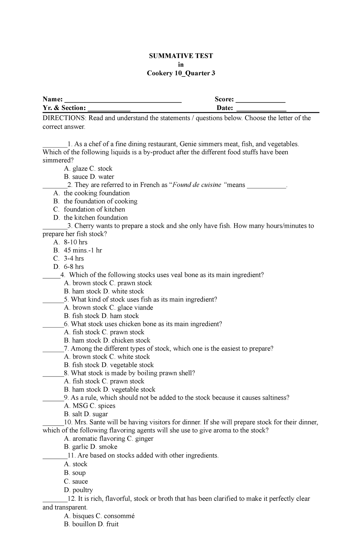 3rd 10 - Exam - SUMMATIVE TEST In Cookery 10_Quarter 3 Name