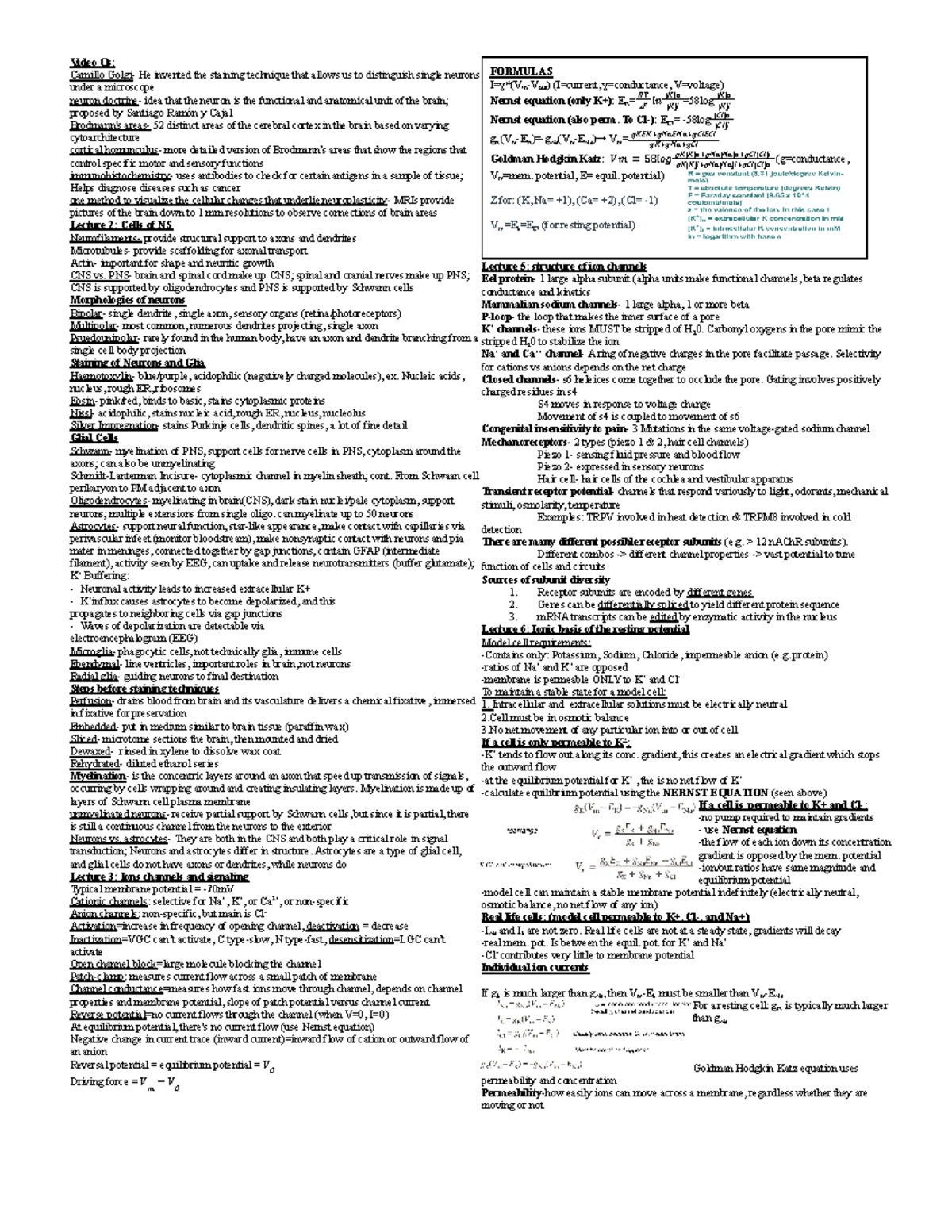 Cheat Sheet Exam 1 - Video Qs: Camillo Golgi- He invented the staining ...