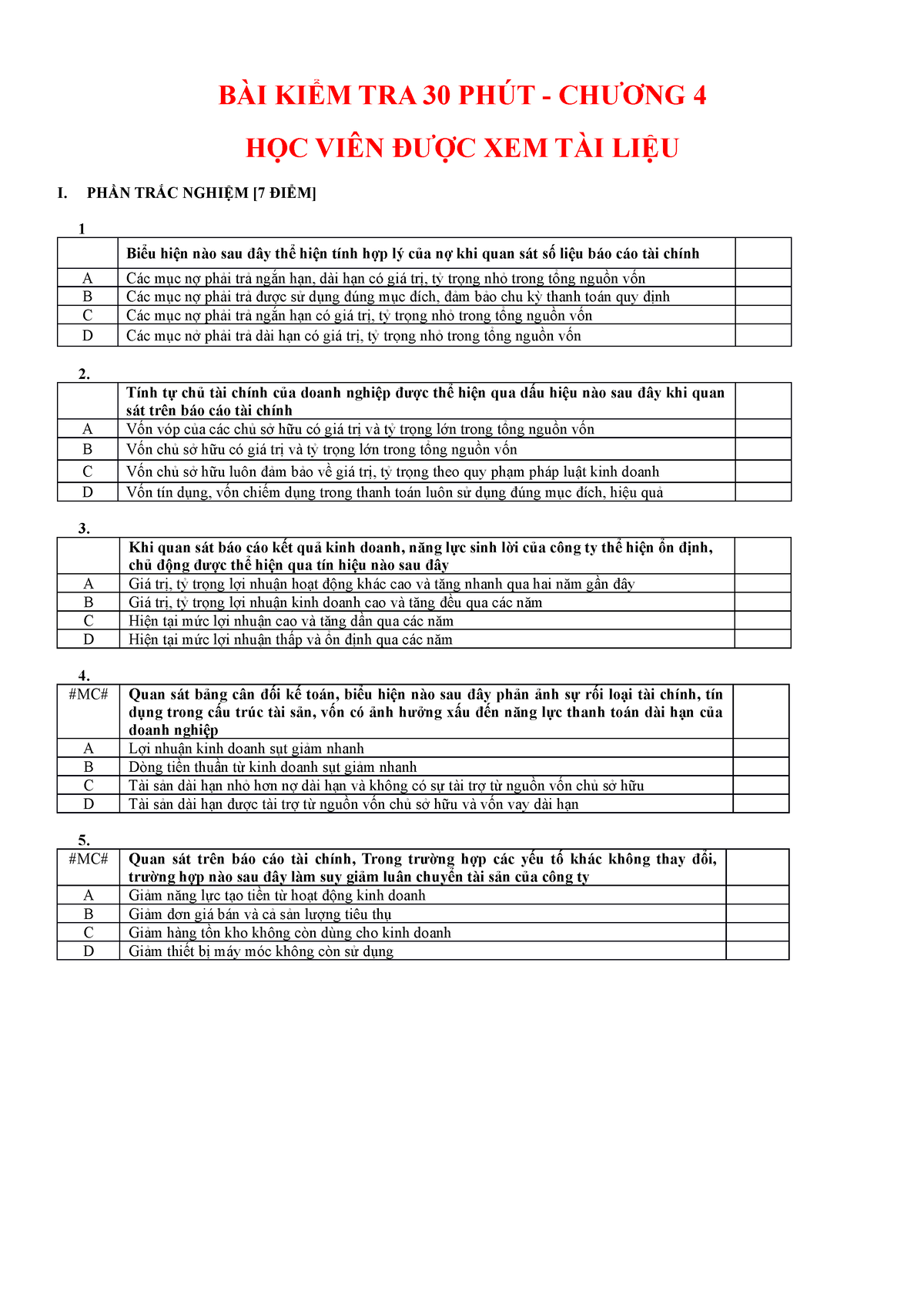 2023 C0 Bài Trắc Nghiệm Phân Tích Báo Cáo Tài Chính Bài 2 - BÀI KIỂM ...