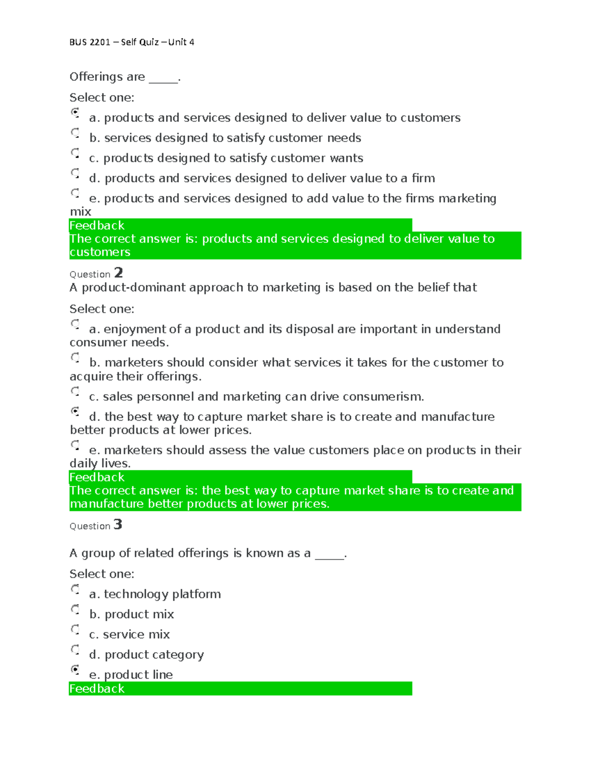 BUS 2201 – Self Quiz – Unit 4 - Offerings Are _____. Select One: A ...