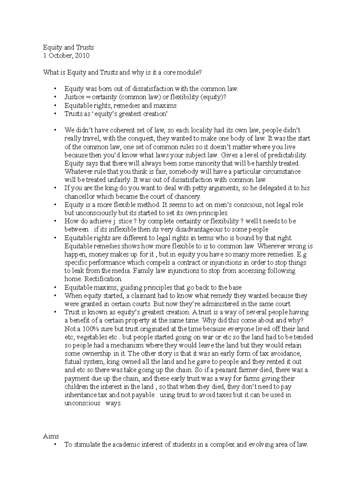 Equity and Trusts - Lecture notes all lectures - Equity and Trusts 1 ...