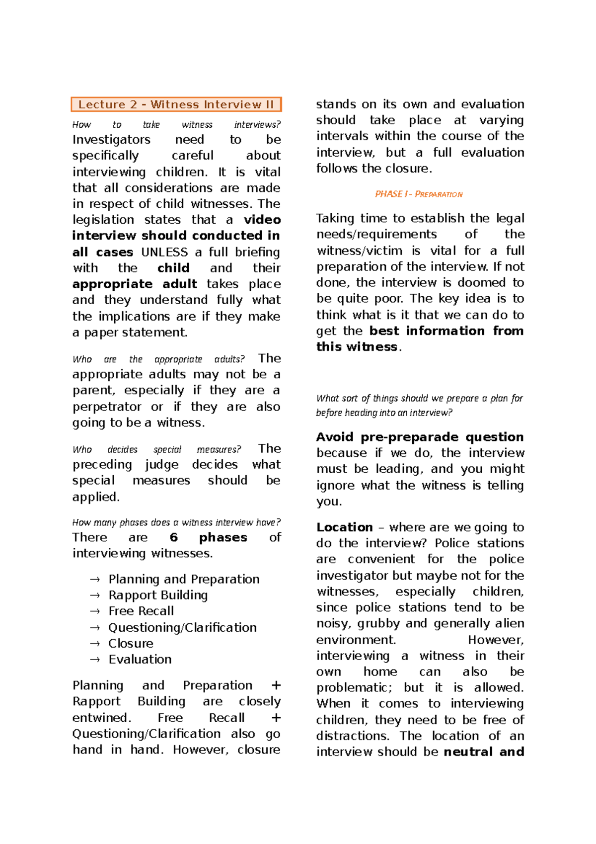 Semester 2 Lecture 2 - Witness Interview Part II - Lecture 2 - Witness ...