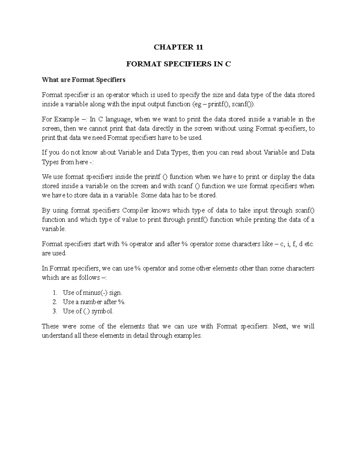 Chapter 11 Format Specifiers IN C - CHAPTER 11 FORMAT SPECIFIERS IN C ...