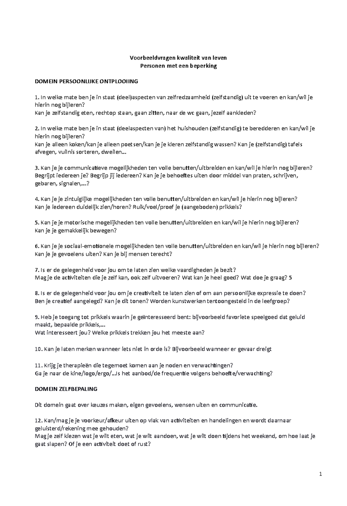 Vragen per domein Schalock - Voorbeeldvragen kwaliteit van leven ...