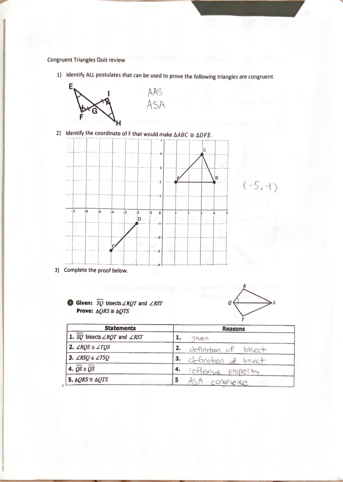 Scanned Document - Congruent Triangles Quiz review 1) Identify ALL ...