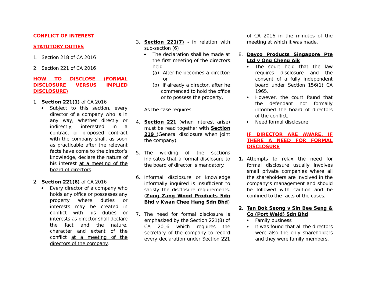 Conflict of interest - CONFLICT OF INTEREST STATUTORY DUTIES 