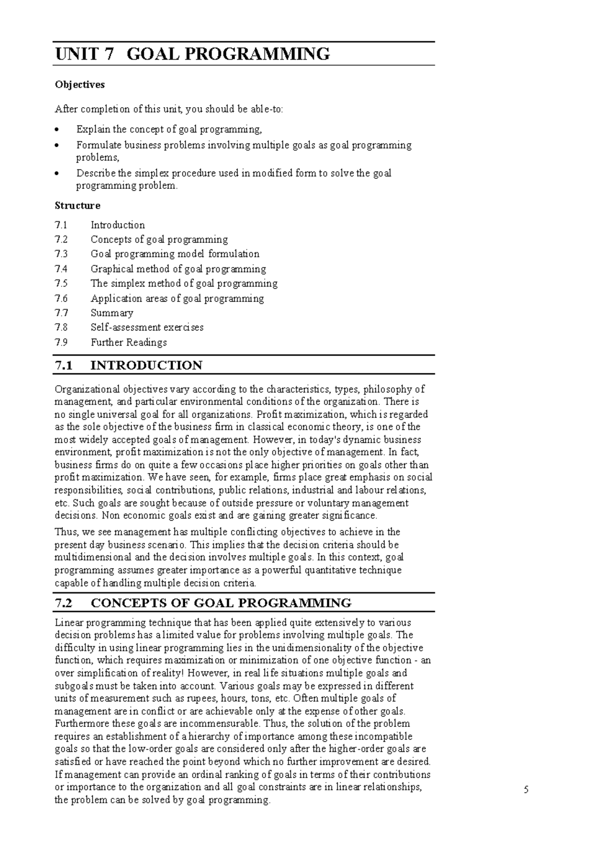 Applied Operation Research MBA Goal Programming UNIT 7 GOAL