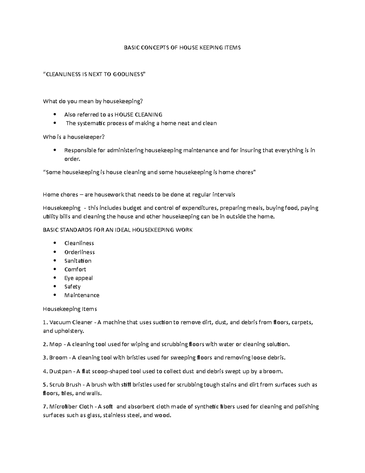 Housekeeping Handouts BASIC CONCEPTS OF HOUSE KEEPING ITEMS