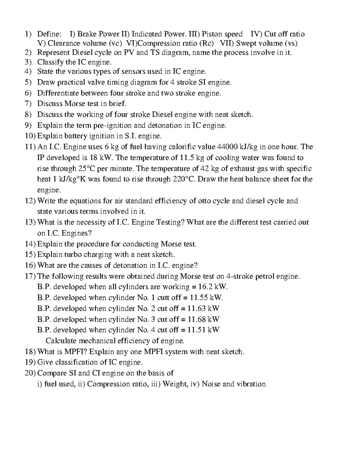 Examen 07 11 January 2020, questions Define I) Brake Power II