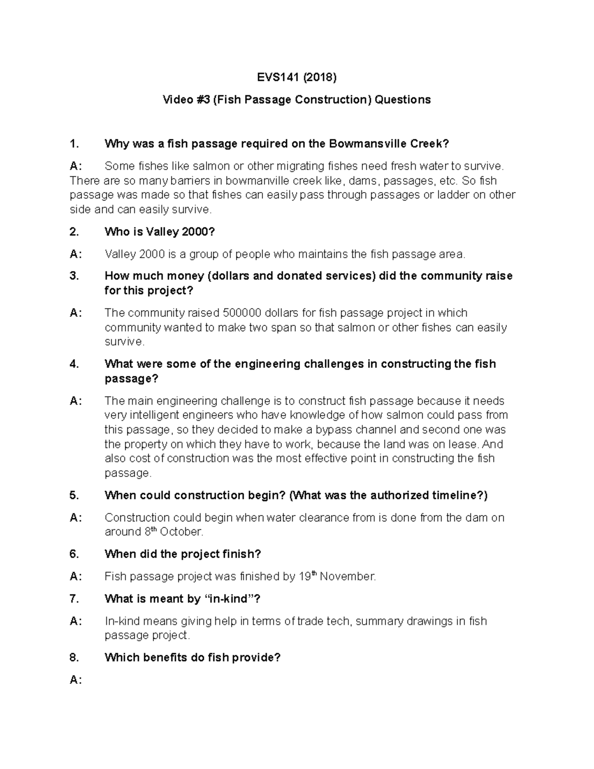 Video #3 Questions - Fish Passage Construction - EVS141 (2018) Video #3 ...