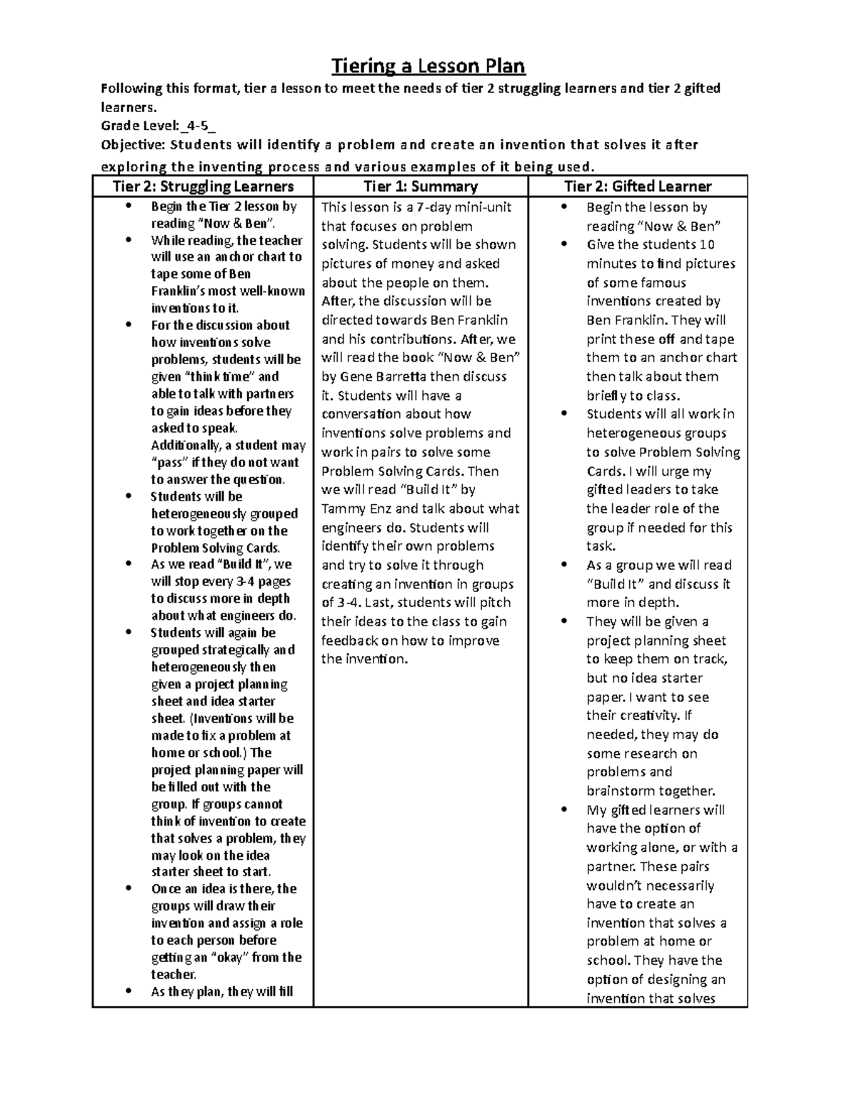 Tiering a Lesson Plan for Students with Exceptionalities - Tiering a ...