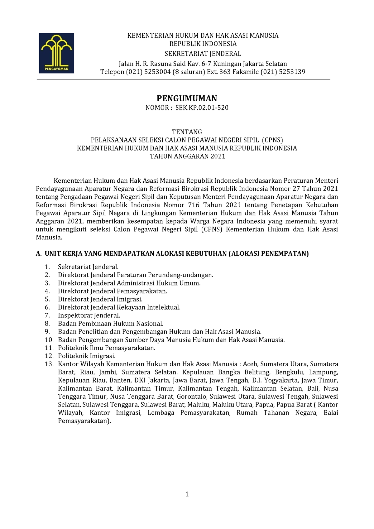 Pengumuman-CPNS-2021 - KEMENTERIAN HUKUM DAN HAK ASASI MANUSIA REPUBLIK ...