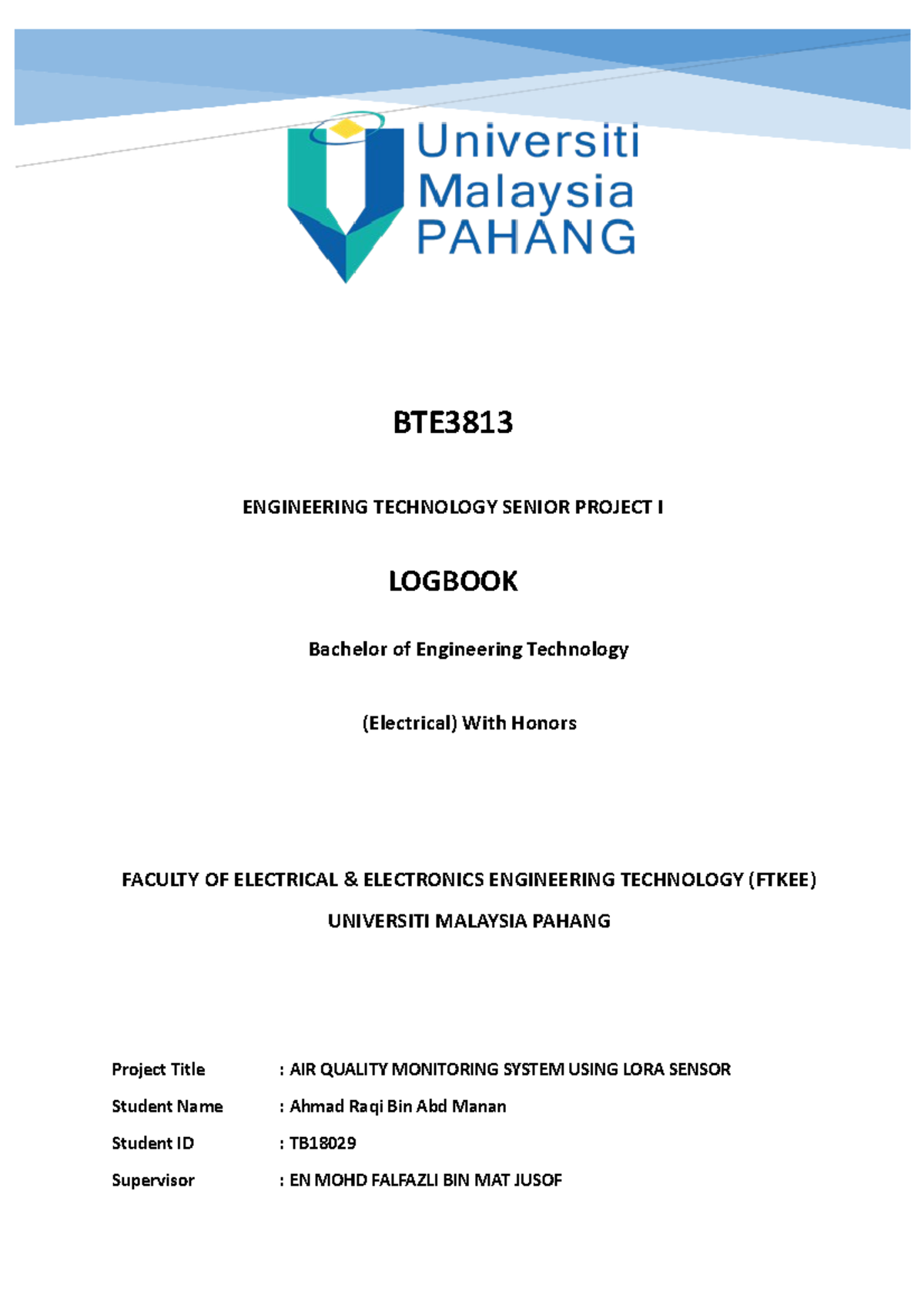 Logbook Bachelor of Engineering Technology (Electrical) With Honors