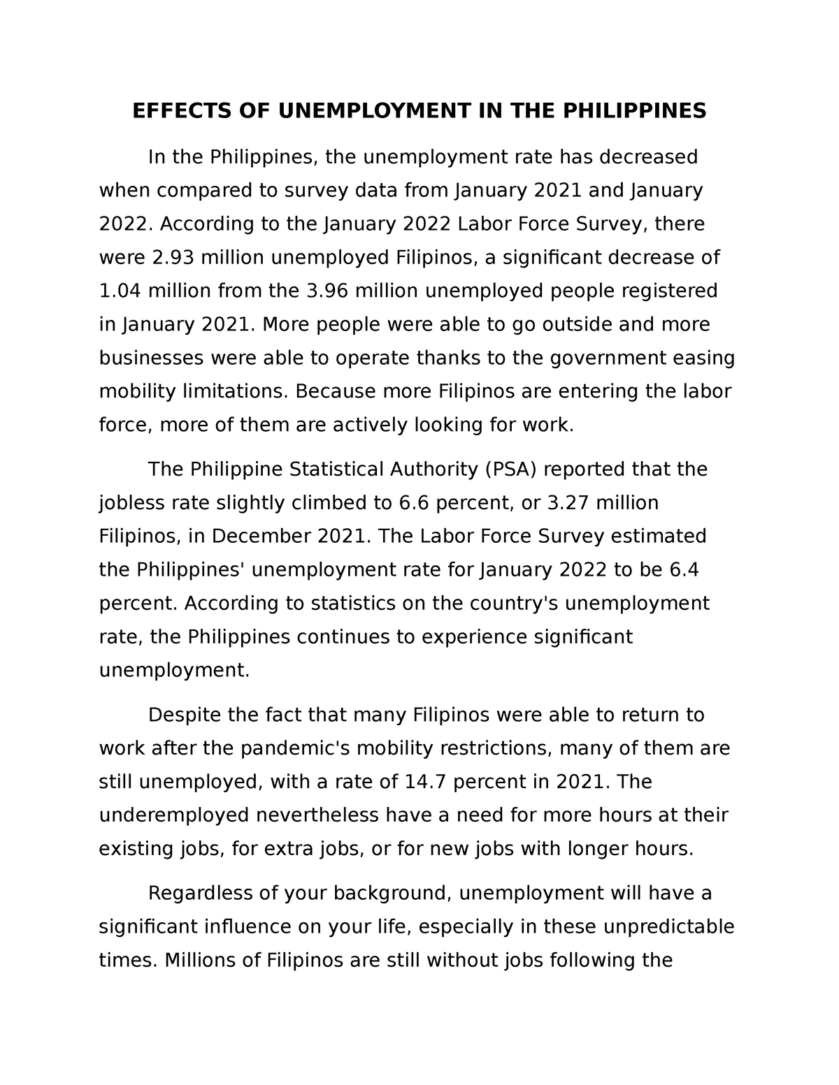 reflective essay about unemployment in the philippines