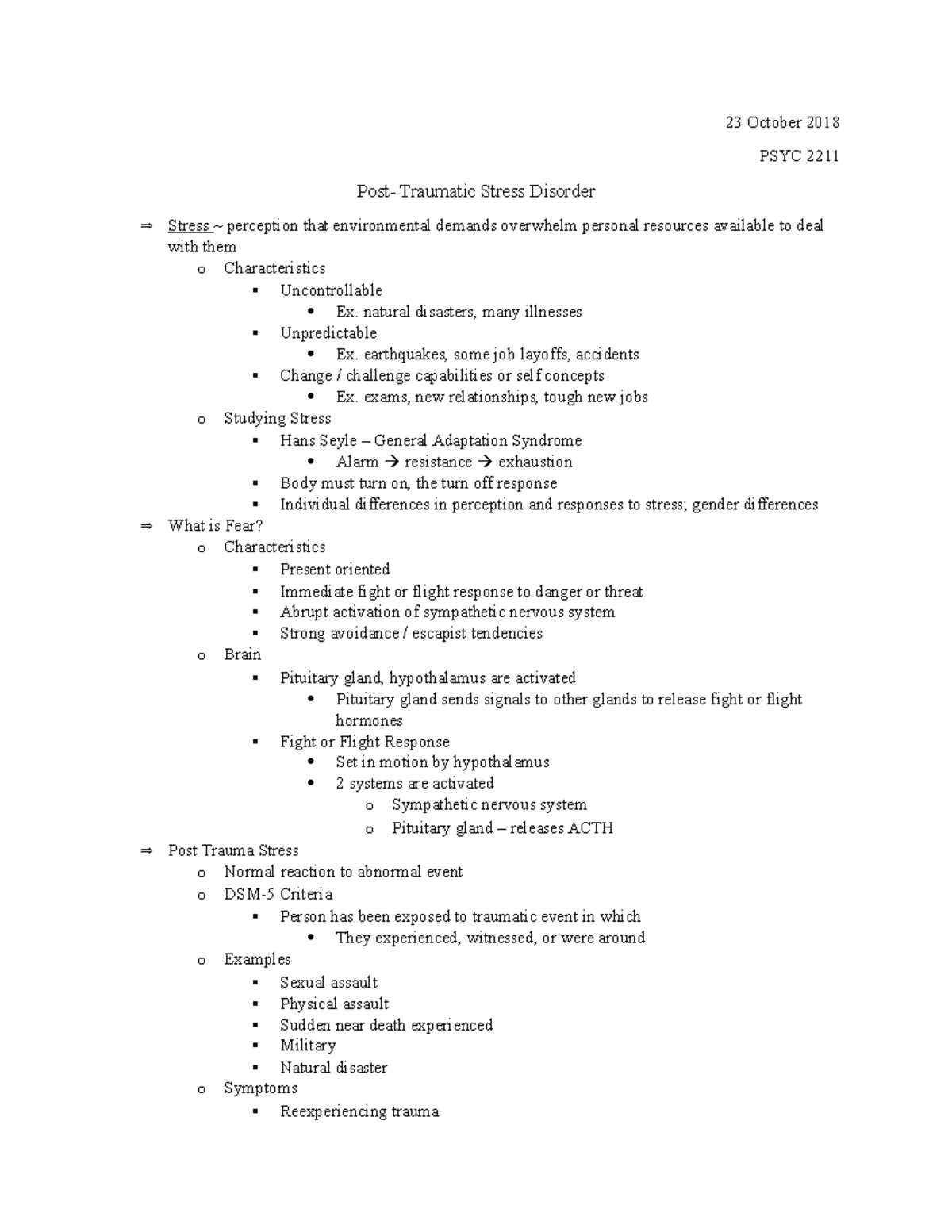 23 October - Post-Traumatic Stress Disorder - 23 October 2018 PSYC 2211 ...