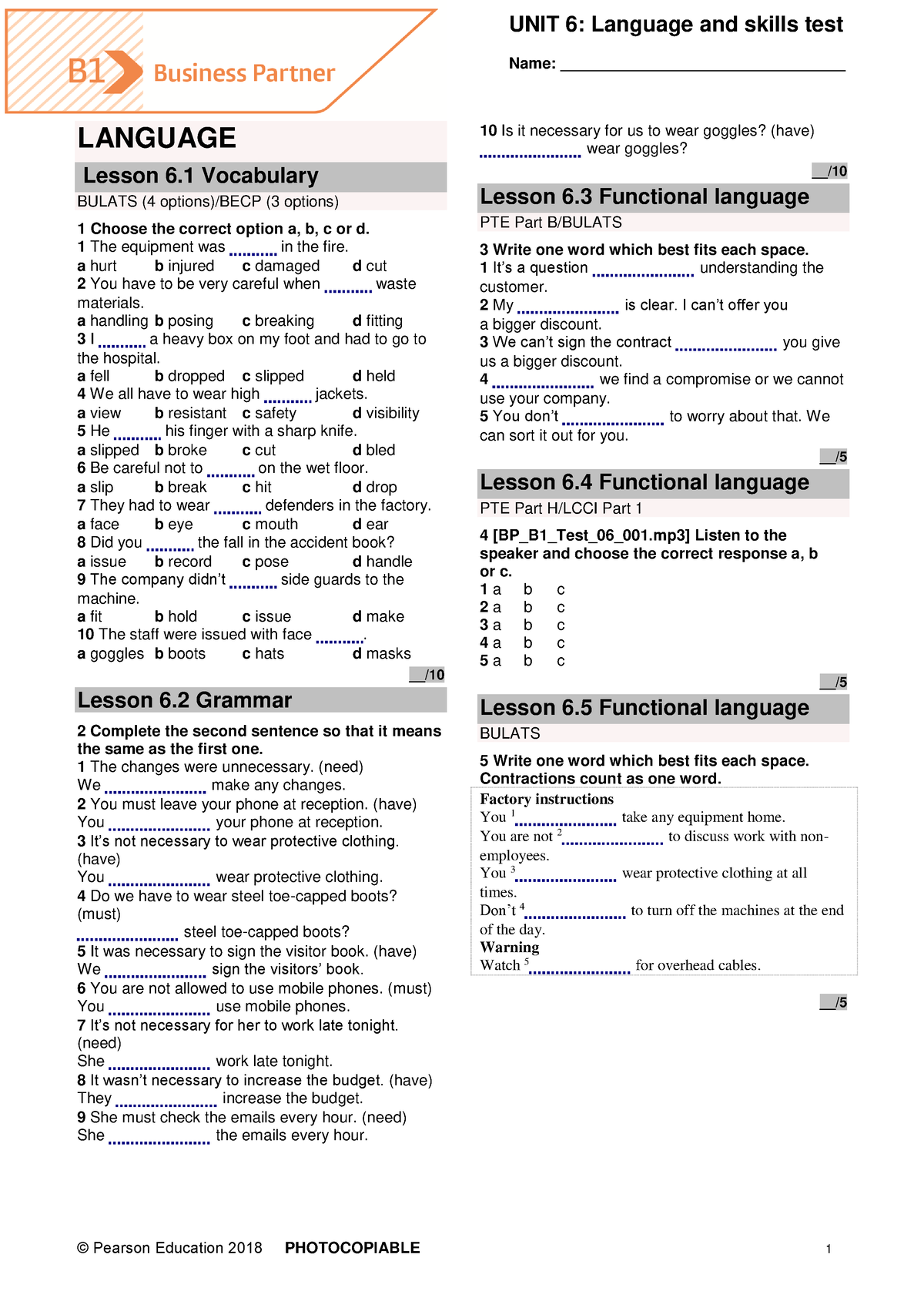 BP B1 Tests Unit6 - Ggg - © Pearson Education 2018 PHOTOCOPIABLE 1 UNIT ...