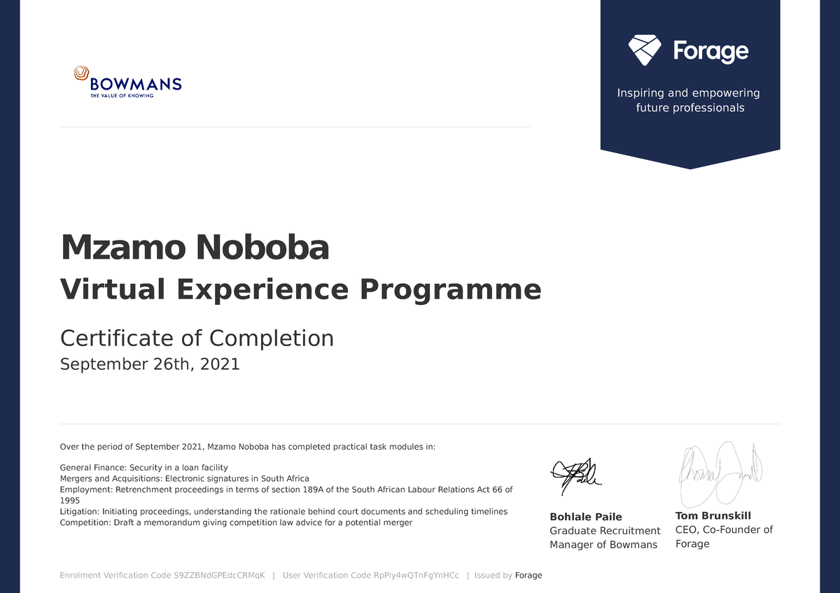 Bowmans Virtual Expirience Programme - Mzamo Noboba Virtual Experience ...