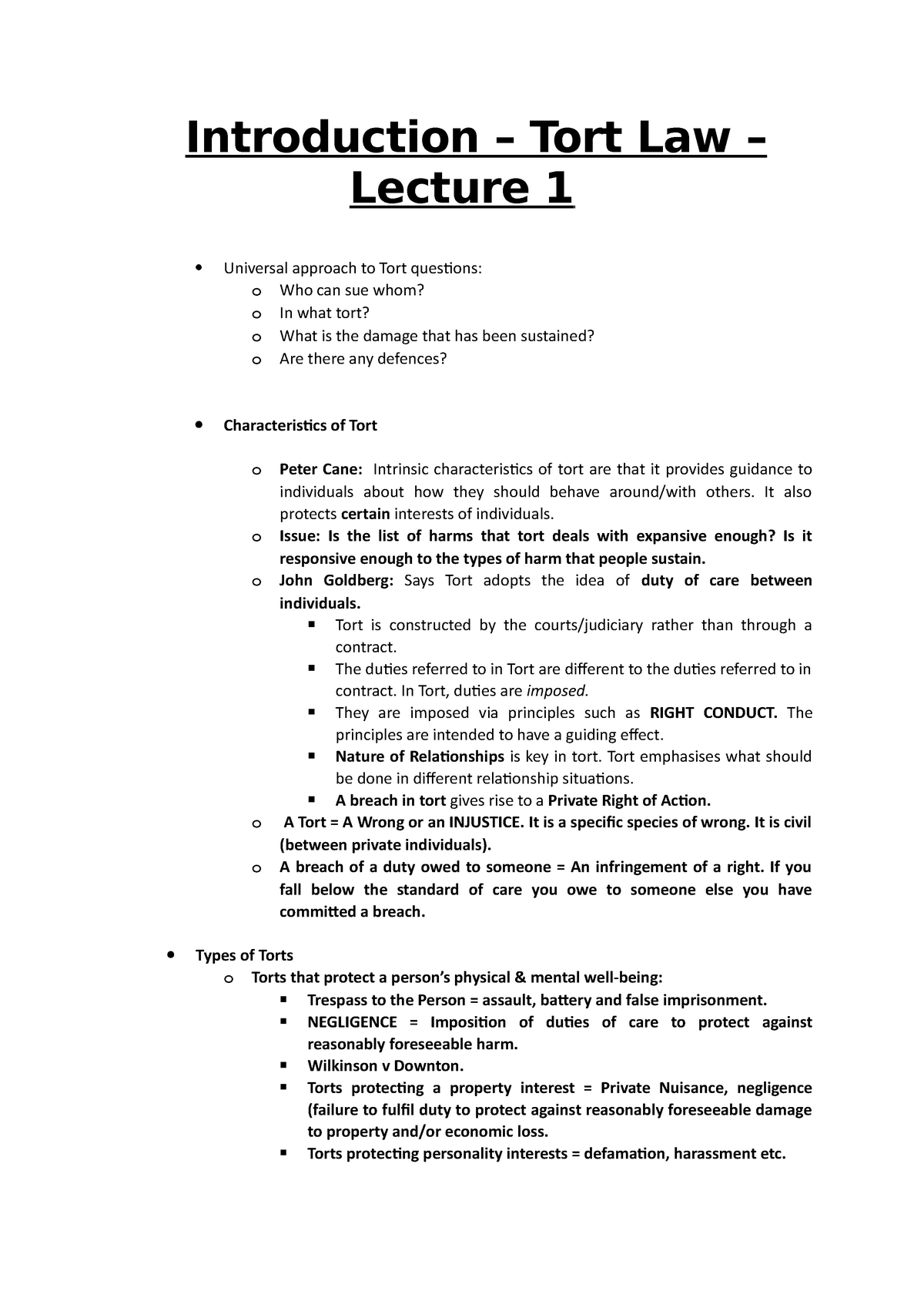 1 - Introduction To Tort Law - Lecture 1 - Introduction – Tort Law ...