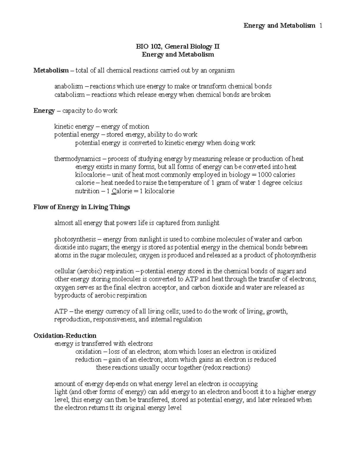 BIOL 102, Energy and Metabolism, Lecture Notes BIO 102, General