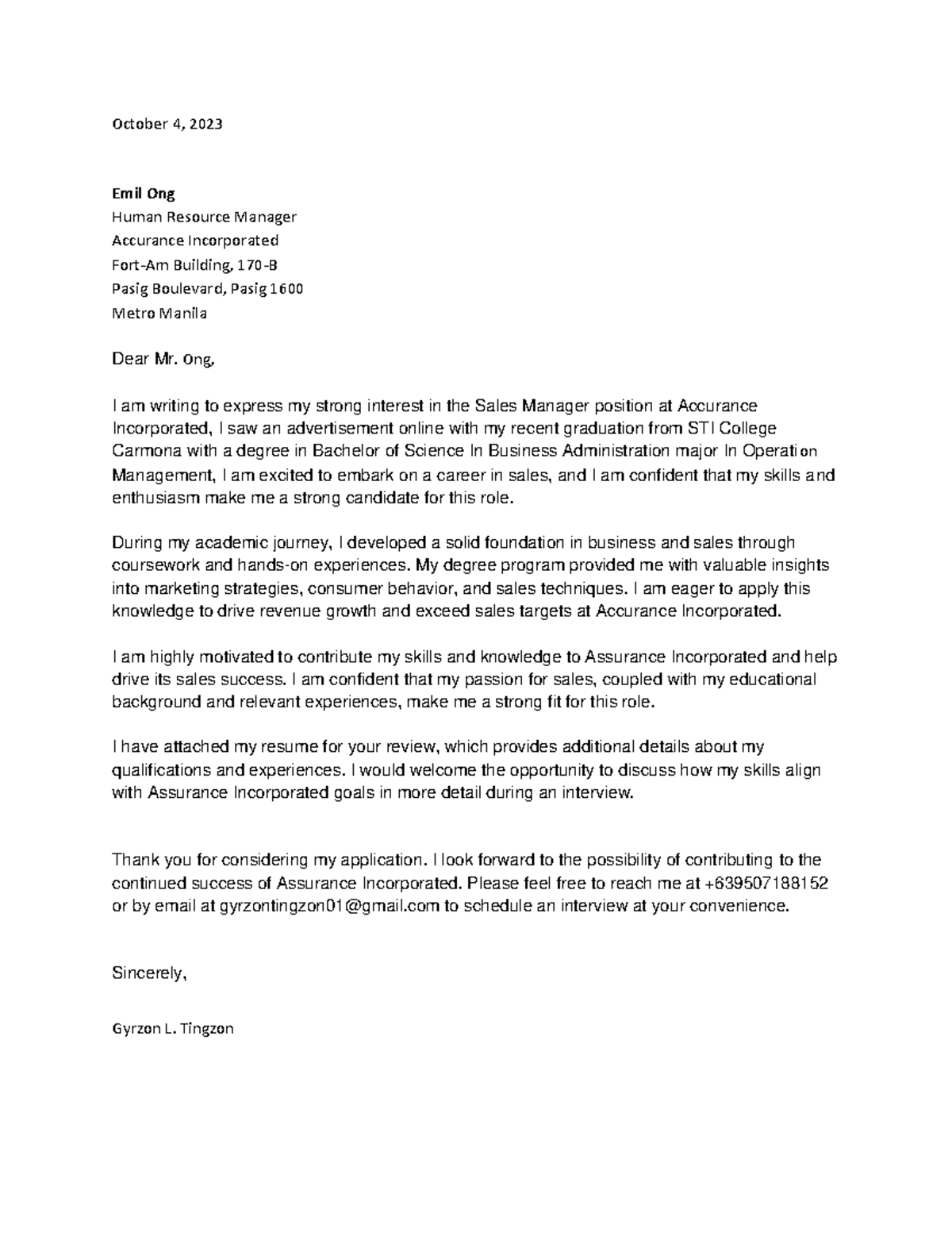 Cover Letter Template 3-Tingzon - October 4, 2023 Emil Ong Human ...