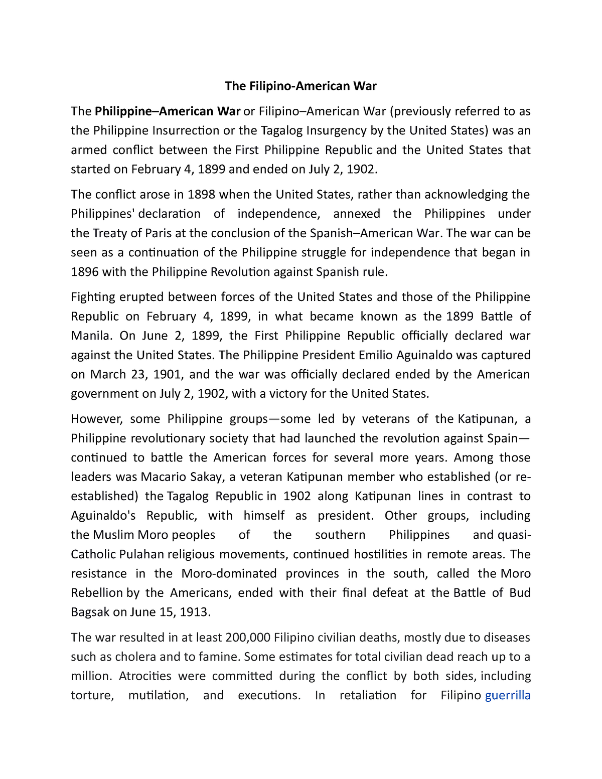 The Filipino American War - The Filipino-American War The Philippine ...