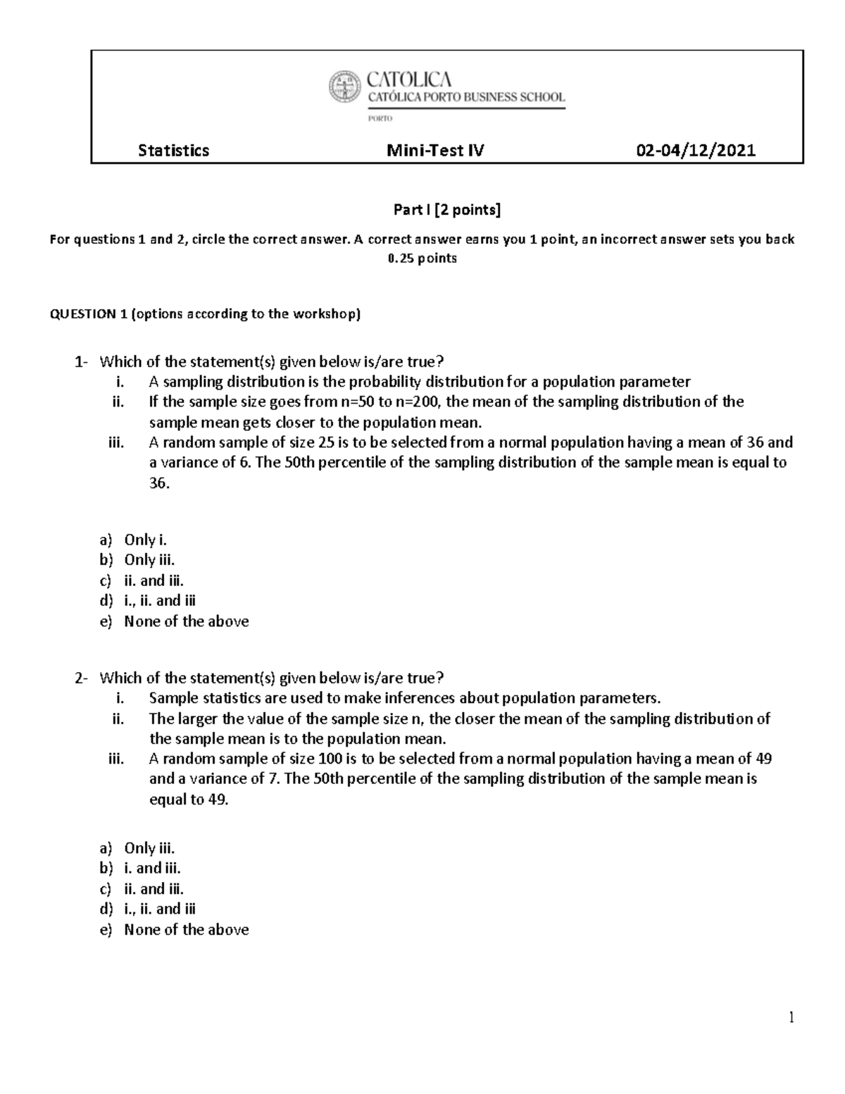 Mini Test 4 2021 2022 1sem Students - Statistics Mini-Test IV 02-04/12 ...